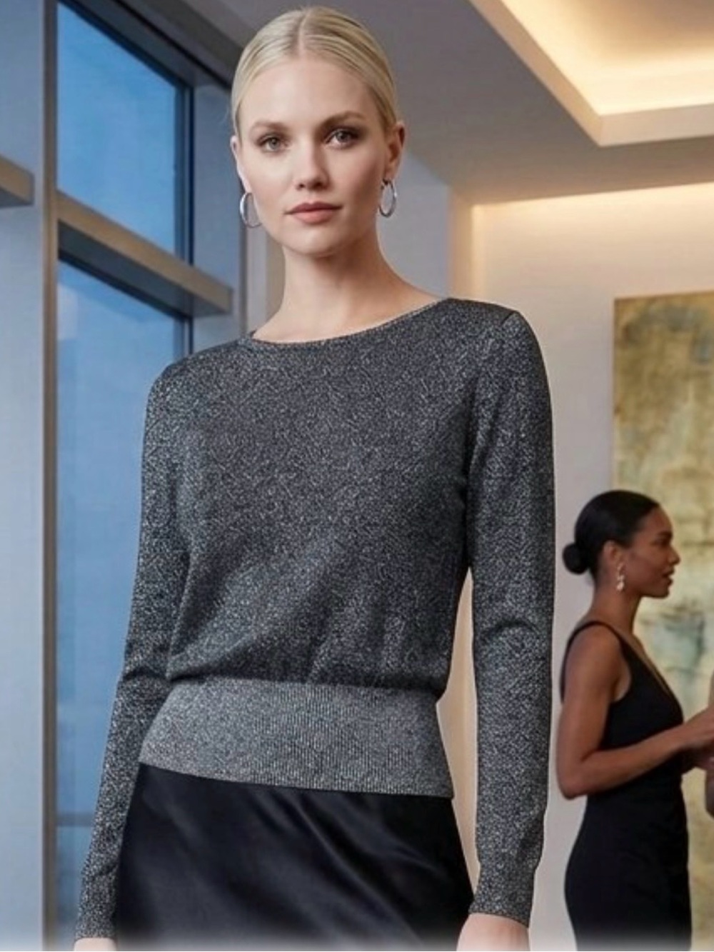 Alice + Olivia Sparkly Black Metallic Long Sleeve Wool Blend Sweater Sz XS